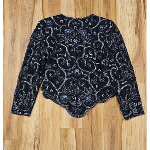 Vintage Scala Beaded Silk Blouse Large Sequins Top Scallop Hem In Black